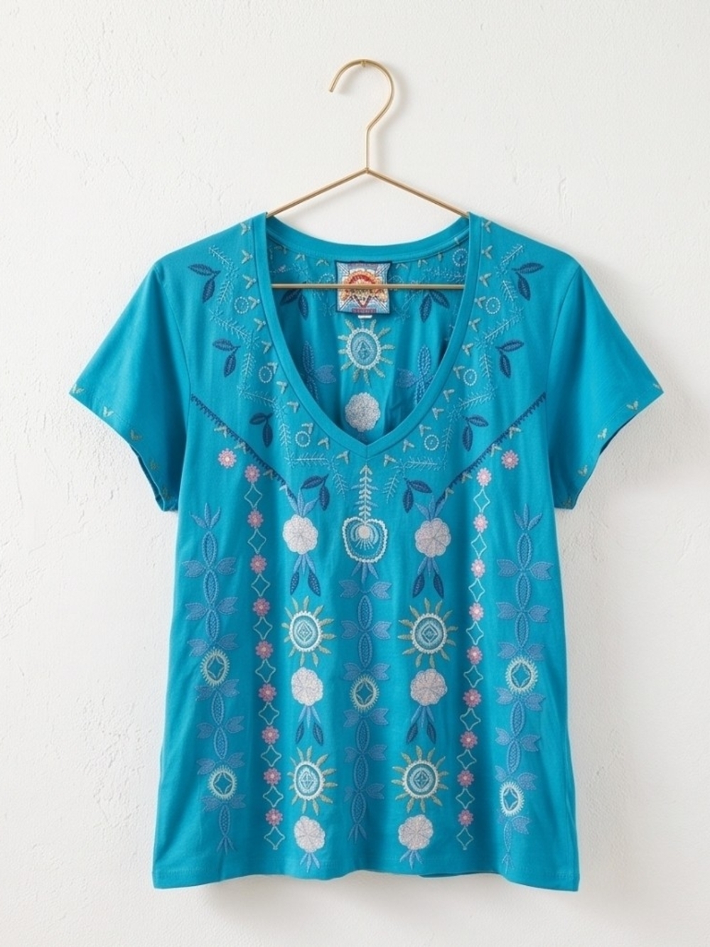 Johnny Was Turquoise Embroidered V-Neck Tee